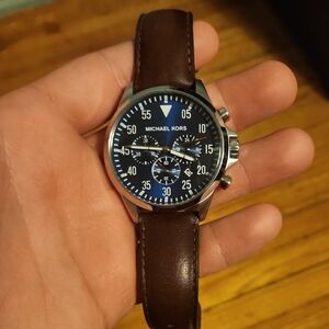 Michael Kors Dark Brown Leather Watch with Blue Dial